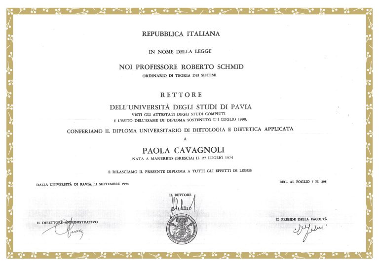 Diploma Universitario in Dietologia e Dietetica Applicata, Università degli Studi di Pavia, Paola Cavagnoli
